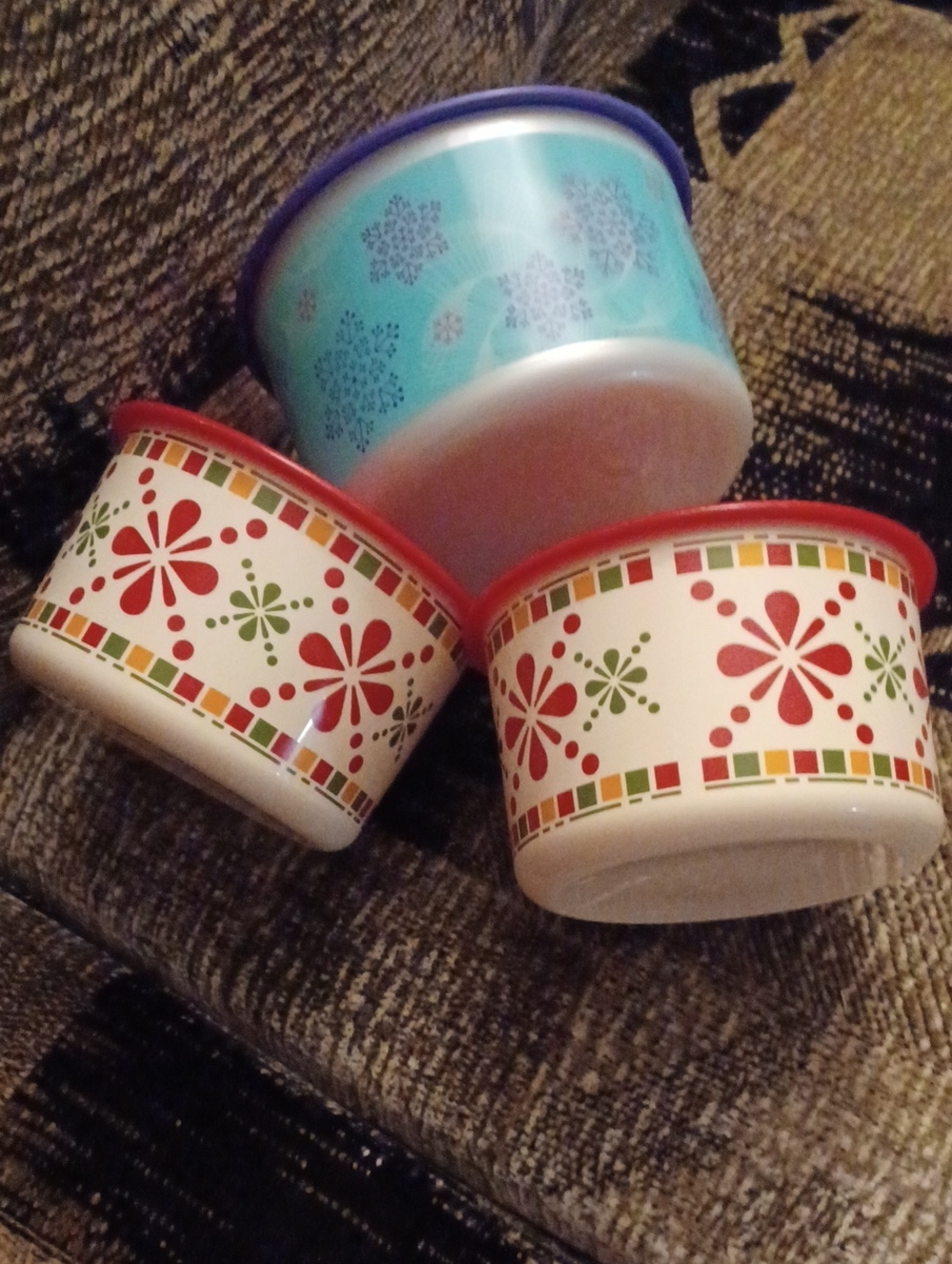 4/$60 Set of 3 Decorative Tupperware Containers With Lids